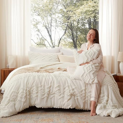 Luxudecor Boho Tufted Comforter Set Queen Size 3 Pieces Ivory White Shabby Chic Comforter Farmhouse Embroidery Bedding Set Soft Comforter for All Seasons (Ivory White, 90''x90'')