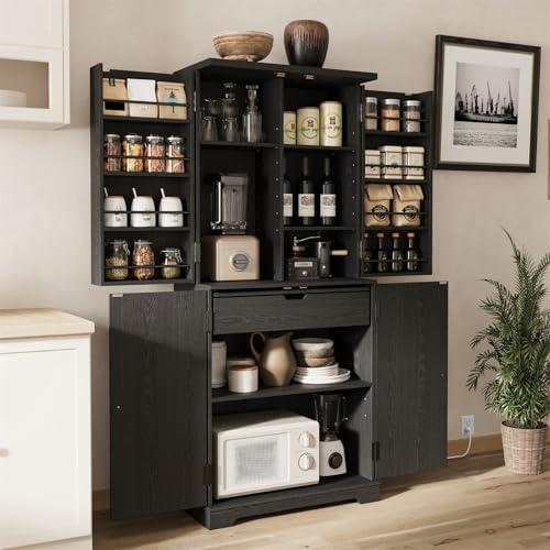 71" Tall Fluted Kitchen Pantry Cabinet, Modern Fluted Pantry Cabinet with Doors, Kitchen Pantrys Storage Cabinets with Drawer and Adjustable Shelves Doors for Dining Room, Living Room, Bathroom Black Generic
