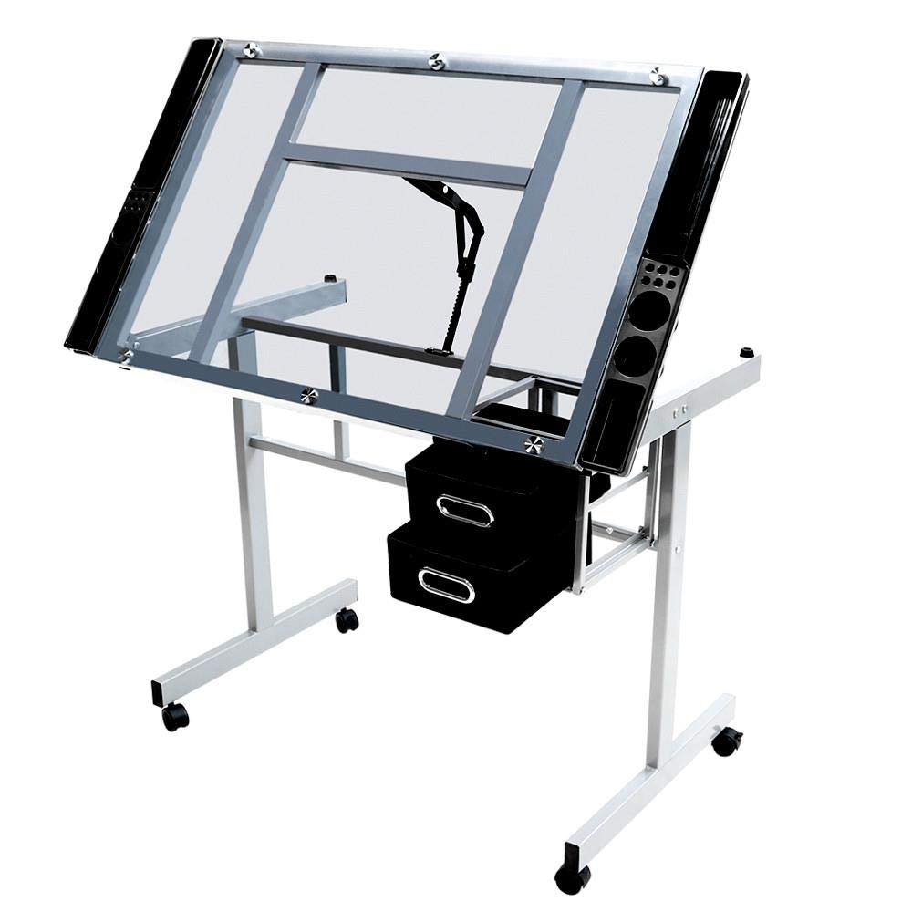 Topeakmart Glass Drafting Table Rolling Drawing Desk Artists Art Craft Desk w/2 Slide Drawers and Wheels for Home Office School Topeakmart