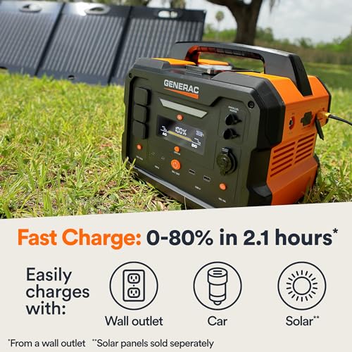 Generac 8025 GB1000 1086Wh Portable Power Station with Lithium-Ion Battery - Clean, Emission-Free Power - Wirless Charging Pad and Compact Design - Camping, RV, Indoor/Outdoor Use - Orange/Black Generac