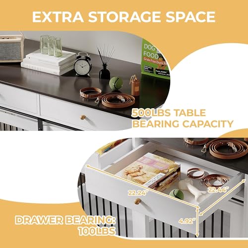 Dog Crate Furniture for 2 Dogs, 47" Double Dog Kennel with Removable Divider and 2 Drawers, Decorative TV Stand Side Table, Indoor Pet Cage for Large/Medium/Small Dogs White GAOMON