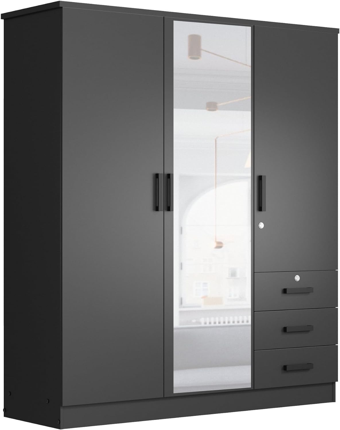 Jumbo 61" Wardrobe Large Mirror Door Closet 3 Doors and 3 Drawers Built for Storage Woodpeckers Furniture And Mattress