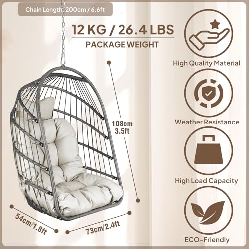 Chihee Egg Chair Foldable Wicker Rattan Hanging Swing Chair Indoor Outdoor Patio Wicker Chair Hammock Chairs with Stainless Steel Hanging Kit Chain Link UV Resistant Cushion Bedroom Balcony