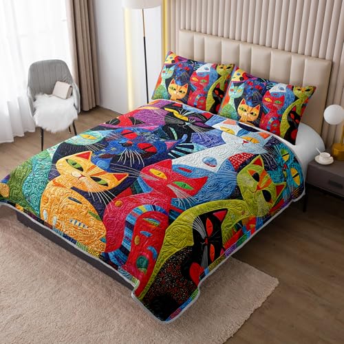 HOSIMA Cat Quilt Bedding Set King Size,Various Different Cats Print Cute Bedding for Kids Adults Room Decor,Animal Themed Plaid Patchwork Quilt with 2 Pillowcases for All Seasons. HOSIMA