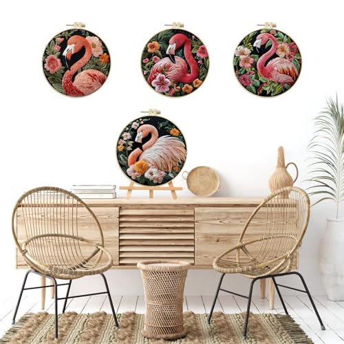 LB 4 Pack Pink Flamingo Embroidery Kit for Beginners Green Leaf Plant Beginner Embroidery Kit for Adults DIY Starter Kit with Embroidery Hoop Colorful Threads Tools Step by Step Instructions