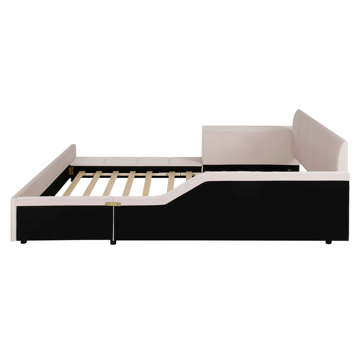 Merax Queens Size Velvet Bed Frames Upholstered Grounded Bed, Wooden Mother & Child Bed with Bedside Desk and Little Round Stool,Kids Adults Bedroom Floor Platform Bed,Beige Merax