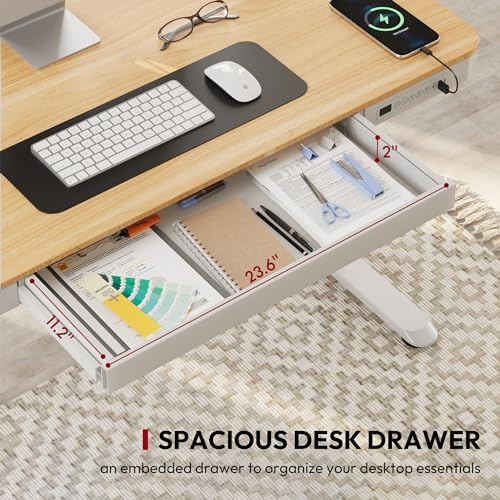 Standing Desk with Drawer, Electric Height Adjustable Home Office Desk with Storage & USB Ports, 55 inch Maple Wood Tabletop/White Frame SANODESK