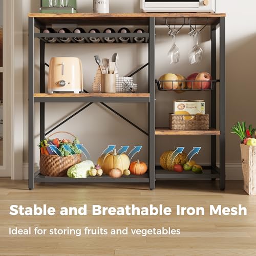 IRONCK Bakers Rack with Power Outlet, 7-Tier Coffee Bar Microwave Stand, Solve Kitchen Clutter with Wine Rack, Wire Basket and Hooks, Rustic Brown