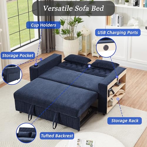 Merax 3 in 1 Convertible Sleeper Sofa Bed with Storage, Futon Couches for Living Room with USB Ports | CupHolder| Reversible Backrest | Pull Out Couch |Small Loveseat,Blue Merax