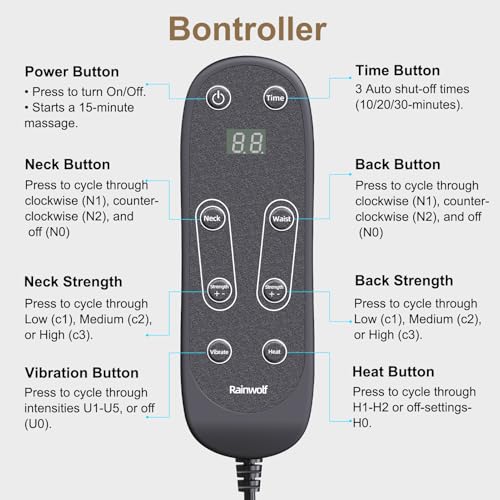 Rainwolf Shiatsu Neck and Back Massage Cushion with Heat - 4D Deep Tissue Kneading Full-Back Massager for Relief Stress, Adjustable Intensity & Height, for Office Chair & Home Rainwolf