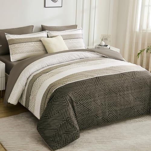 Drucon Brown Comforter Set King Size 7 Piece Bed in a Bag Striped Bedding Set Soft Microfiber Comforter and Sheet Set for All Season (King, 104"x90") Drucon