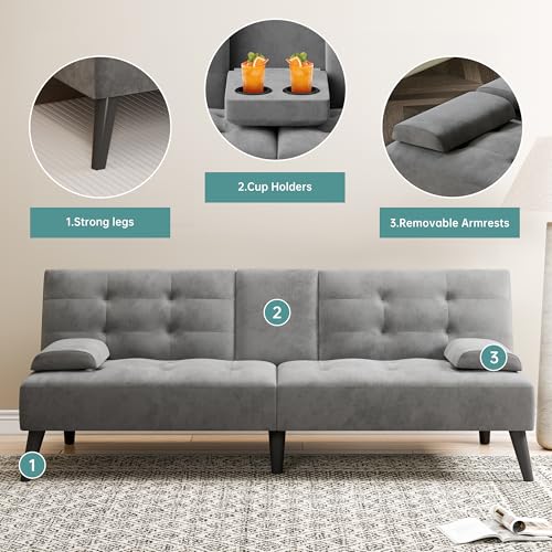 Meilocar 64" Futon Sofa Bed, Convertible Loveseat with 2 Cup Holders, Small Couch with 3 Adjustable Angles & Armrests, Sleeper Sofa for Apartment, Office, Dark Grey Meilocar