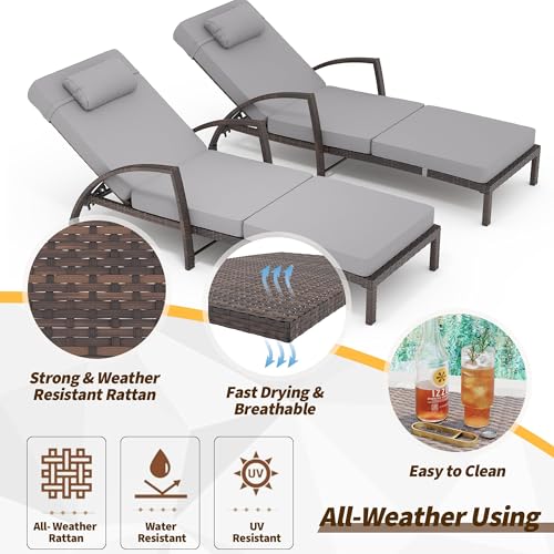 GAOMON Outdoor Lounge Chairs Set of 2, PE Rattan Wicker Chaise Lounge with Cushions and Wheels, Adjustable 5-Position, Patio Lounge Chairs for Outside Poolside Beach, Backyard Relaxation