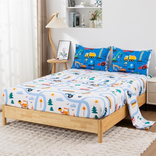 Holawakaka Trucks Excavator Cars Boy Bedding Comforter Set with Sheets, Twin Size Cartoon Construction Car Tractors Print Kids Bed in A Bag 5-Piece, Boys Reversible Dorm Bed Sets (Blue Twin) Holawakaka