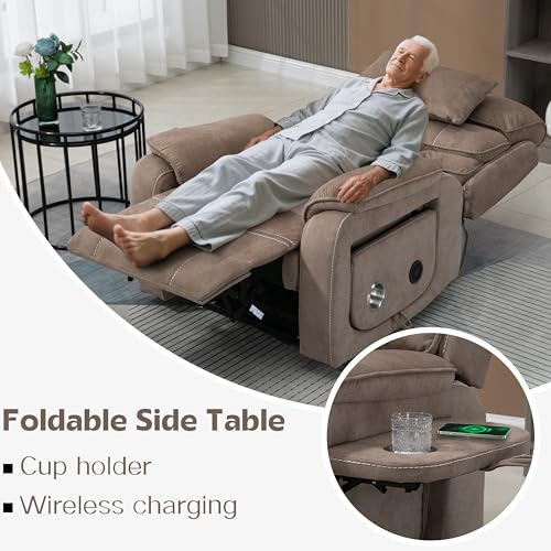 JIKFRIMA Power Lift Recliners Chairs for Elderly Adults Lay Flat Recliner with Heat & Massage, Wireless Charging Device, USB Ports, Cup Holder, Lumbar Pillow, 400Lbs(Velvet Fibric,Light Brown)