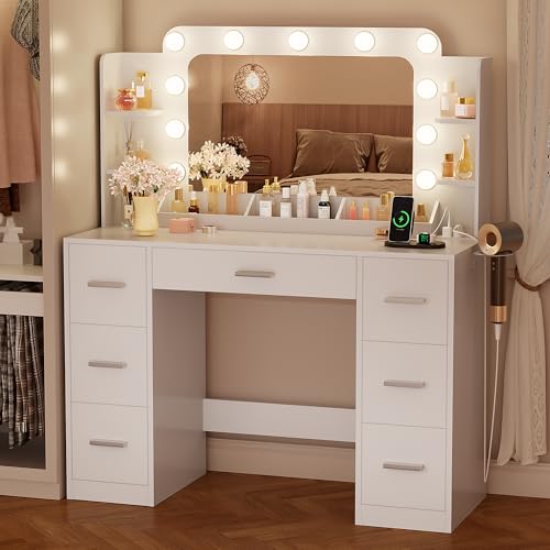 YESHOMY Vanity Desk with Large Lighted Mirror, Power Outlet and 11 Lights, Makeup Table with 7 Drawers and 3 Desktup Storage Units, 3 Color Modes Available for Bedroom, White YESHOMY