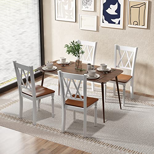 Giantex Dining Room Chairs Set of 4 White - Wooden Farmhouse Kitchen Chairs with Rubber Wood Seat, Acacia Wood Legs, Max Load 360 Lbs, Heavy Duty Wood Armless Dining Chairs with High Back Giantex