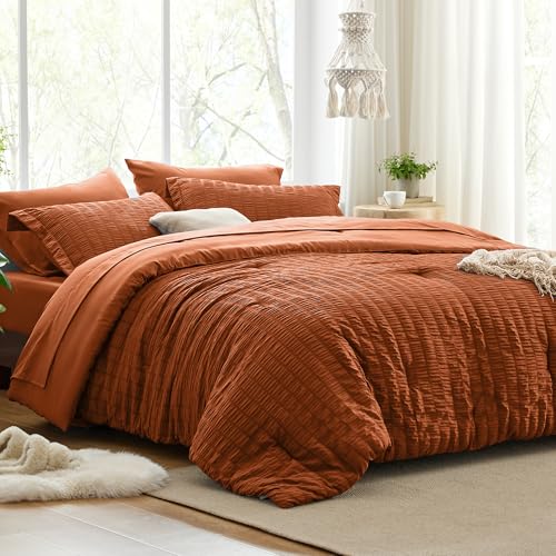 Love's cabin Seersucker Terracotta Twin Comforter Set, 5-Piece All Season Lightweight Bed in a Bag Bedding Set with Comforter, Flat Sheet, Fitted Sheet, Pillowcase and Sham Love's cabin