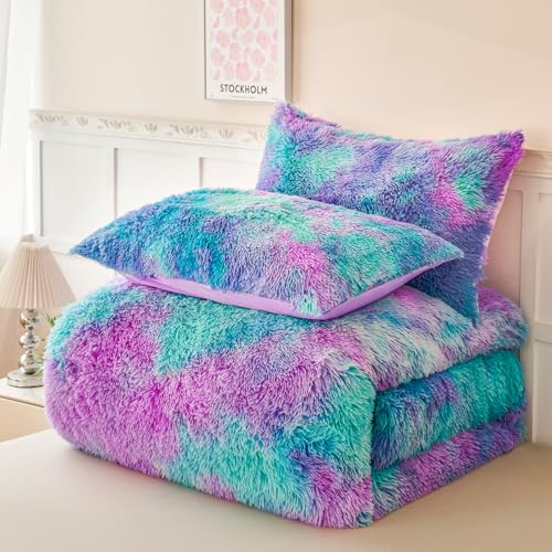 PERFEMET Fuzzy Girls Bedding Set Full Size 3 Pieces Luxury Purple and Teal Faux Fur Fluffy Comforter for Kids Teens Ultra Soft Warm Tie Dye Velvet Plush Shaggy Bed Comforter Sets(Purple Teal, Full) PERFEMET