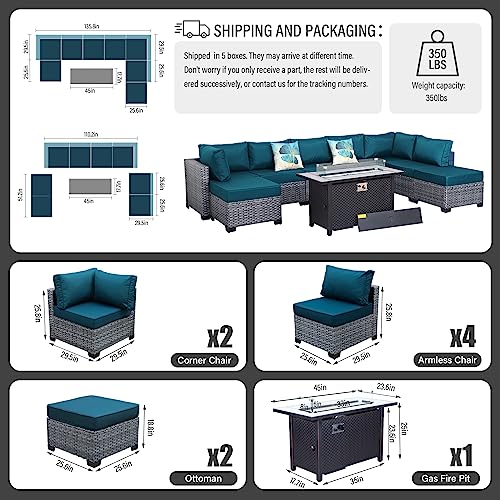 WAROOM Patio Furniture Set 9 Piece Gray Rattan Outdoor Sectional Sofa PE Wicker Couch Conversation sets with 45" Propane Fire Pit Table and Non-Slip 5" Thick Peacock Blue Cushion WAROOM