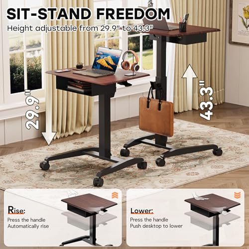 JOY worker Height Adjustable Rolling Laptop Desk with Shelf,Mobile Standing Desk,Pneumatic Mobile Laptop Table with Wheels for Couch Home Office School,Holds Up to 22lbs,Dark Walnut JOY worker