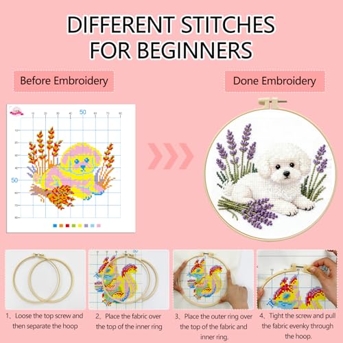 Zhenqing White Poodle Cross Stitch Kit with Lavender Bouquet, 11CT Printed 24x24cm, Beginner Embroidery Set with 20cm Hoop(70792)