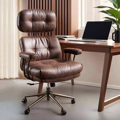 ovios Ergonomic Office Chair, High Back Faux Leather Executive Chairs with Thick Cushion, Comfy Mid-Century Modern Swivel Rolling Computer Armchair (Dark Brown, Suede Leather) ovios
