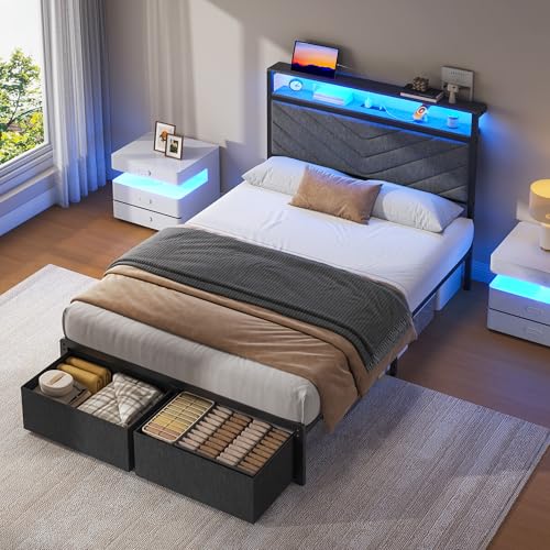 Fluest Twin Bed Frame with Storage Drawers, Upholstered Headboard with Charging Station, LED Lights, Fabric Drawers with Wheels, Under Bed Storage, No Box Spring Needed, Easy Assembly, Grey Fluest