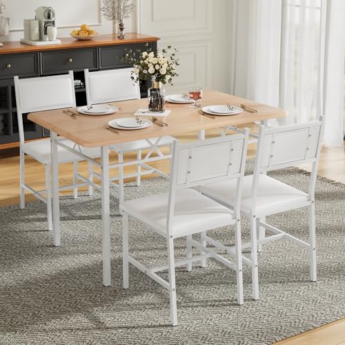 VECELO Dining Table Set for 4 with Chairs, 5-Piece Kitchen Table and Upholstered Padded Chairs Set for Small Space, Dining Room, Apartment, Natural Oak VECELO