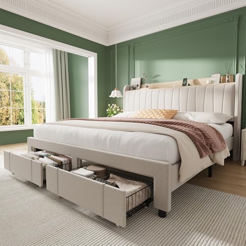 GarveeHome King Size Bed Frame with Storage Headboard, Upholstered Platform Beds with Drawers, Charging Station, Noise-Free, No Box Spring Needed, Easy Assembly, Beige GarveeHome
