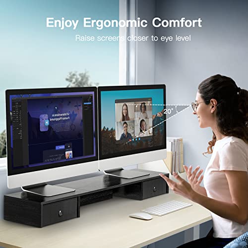 HUANUO Dual Monitor Stand with 2 Drawers , Monitor Riser for 2 Monitors, Extra Large Storage, Multifunctional Desktop Organizer, Computer Monitor Stand for Desk, Laptop, PC, TV, Printer HUANUO