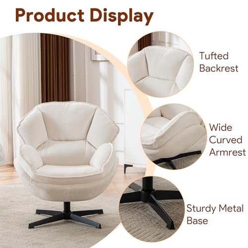 DRKAT Swivel Accent Chair, Modern Recliner Lounge Chair with Metal Base Frame, Comfy Tufted Armchair for Living Room, Bedroom, Home Office, Beige