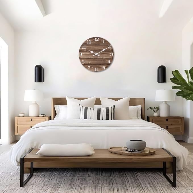 XFM Brown Wooden Wall Clock 10 Inch Silent Wall Clocks Battery Operated Decorative Farmhouse Small Rustic Wall Clock for Kitchen Living Room Office XFM