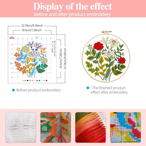 Zhenqing Rose and Lily Cross Stitch Kit for Beginners - 11CT 24x24cm Pre-Printed Pattern with Embroidery Hoop, Threads & Tools, Floral Design(70519)