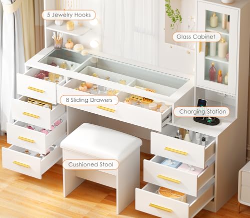 ANWBROAD 49.2" Large Vanity Desk with Mirror and Lights White Makeup Vanity Desk with Glass Top and Power Outlet 8 Drawers Nightstand 5 Hooks Vanity Table with Stool for Bedroom Women Girls UBDT88W ANWBROAD