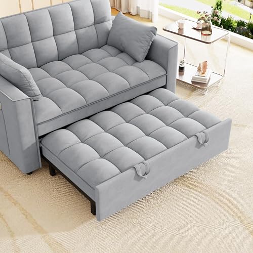 Yeehacc 3 in 1 Convertible Sleeper Sofa Bed, Pull Out Couch Loveseat Futon, Adjustable Backrest Velvet Sofa with Pillows and Side Pockets for Living Room Apartment, Light Grey Yeehacc