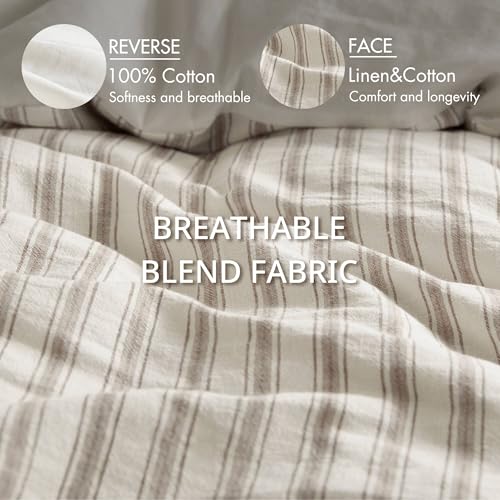 Madison Park Duvet Cover Set for Hot Sleepers - Linen Cotton Rayon Blend, Queen Size 3 Piece Set with Shams - Lightweight & Breathable Bedding, Tan Striped Design Madison Park