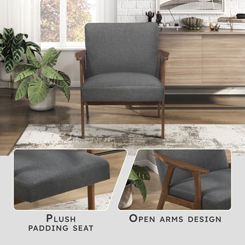Lexicon Mid Century Modern Accent Chair, Upholstered Lounge Armchair, Single Sofa Seat, Brown Finish Solid Wood Framed Comfy Side Chairs for Living Room/Bedroom/Office/Waiting Area, Dark Gray Lexicon
