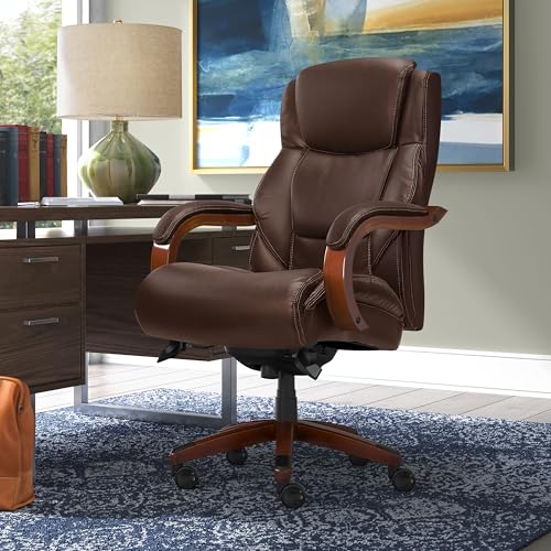 La-Z-Boy Delano Big & Tall Executive Office Chair, Ergonomic Mid-Back Body Pillow Lumbar Support, ComfortCore Memory Foam Cushion, Mahogany Wood Arms & Swivel Base, Bonded Leather, Chestnut Brown La-Z-Boy