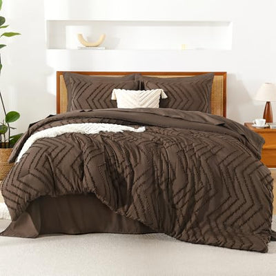 Litanika Queen Size Comforter Set with Sheets Brown - 7 Pieces Bed in a Bag Queen Chevron Tufted Complete Bedding Sets with Comforter, Sheets, Pillowcases & Shams