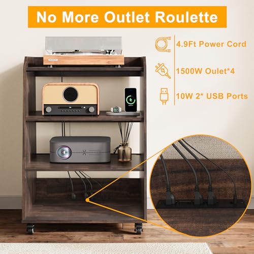 Rresyet 22.1" Record Player Stand with Charging Station & LED Lights,4-Tier Vinyl Record Storage with Wheel & Open Divided Shelves, Record Cabinet for Music Room, Living Room Rresyet