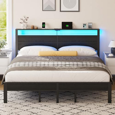 King Size Bed Frame with LED Lights and Charging Station, King Size Platform Bed with Metal Slats and Wood Headboard, No Box Spring Needed,Black