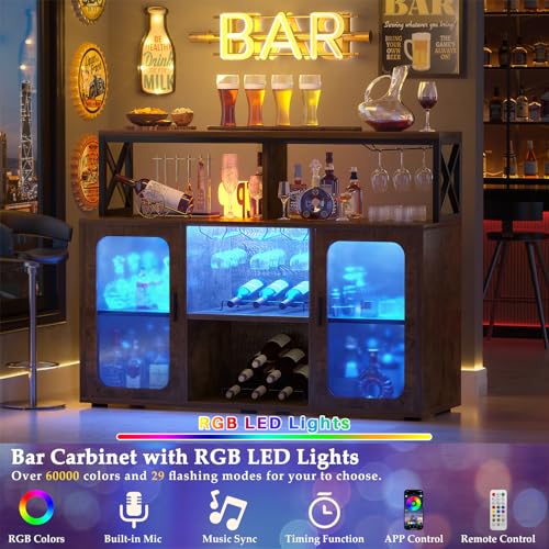 Aheaplus Bar Cabinet with Power Outlets, Liquor Cabinet with Led Lights and Glass Holder, Storage Buffet Cabinet Coffee Bar Cabinet for Liquor, Wine Cabinet with Racks, RustivBrown Aheaplus