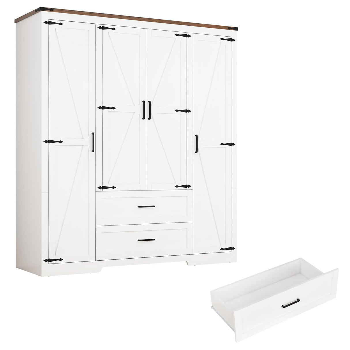 Hlivelood 4 Doors Wardrobe Armoire Closet with Doors and Drawers, Farmhouse Wooden Armoire Storage Cabinet with Shelves & Hanging Rod for Bedroom, White Hlivelood