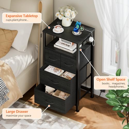 Furnulem Tall Night Stand with Charging Station and Led Light, Small Dresser with Open Shelf and 4 Storage Drawers, Black Side Table Fabric Nightstand for Bedroom, Entryway, Bedside Furniture Furnulem