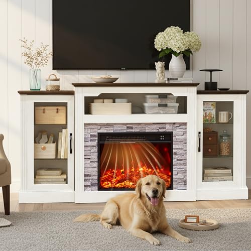 70-inch Electric Fireplace with Mantel, Fireplace TV Stand, Farmhouse Style Console Height Wooden Entertainment Center with Storage,4800 BTU 60-99°F Heating for Living Room,Bedroom TRONLEE
