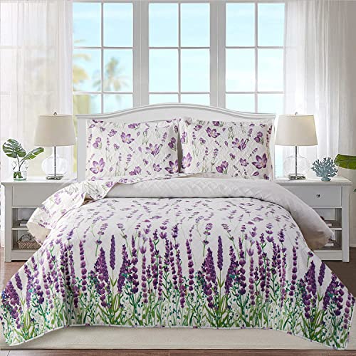 Ycosy Quilt Set King Size Floral Bedspread Coverlet King Quilts Set Bedding Summer Lightweight Floral Quilt Bedding Reversible Quilt Bedspread Plant Green Leaves Purple Flower Home Quilts Collections Ycosy