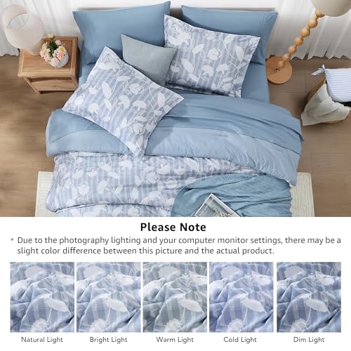 BLOOMHAVEN Queen Comforter Set -7 Pieces Blue Floral Comforter Set for All Seasons, Bed in a Bag Queen with Botanical Flowers Comforter, Sheets, Pillowcases & Shams BLOOMHAVEN