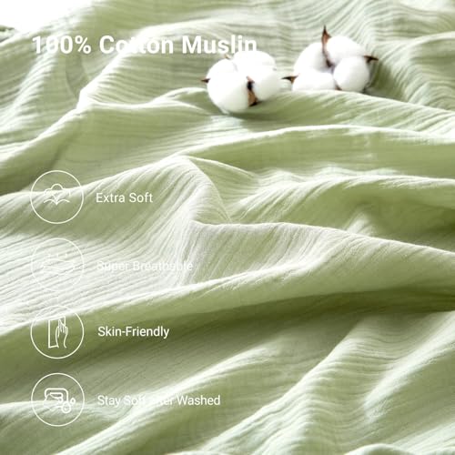 100% Muslin Cotton Sage Green Fitted Sheet Twin Only with 16" Elastic Deep Pocket, 1 Pack Soft Breathable Absorbent Gauze Single Fitted Bottom Sheet, Minimalist Fluffy Wrinkle Mattress Protector YASMENG