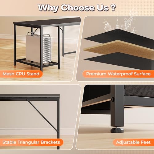 PRAISUN 66" L Shaped Gaming Desk with LED Lights & Power Outlets, Computer Desk with Fabric Drawers and Print Stand, Corner Office Desk, Monitor Stand, Mesh CPU Stand, Black PRAISUN